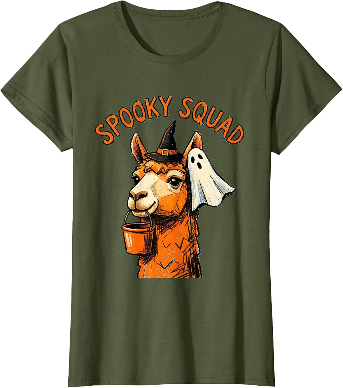 Women's Spooky Squad Naive Kidcore Llama Halloween Humor T-Shirt - Olive Green