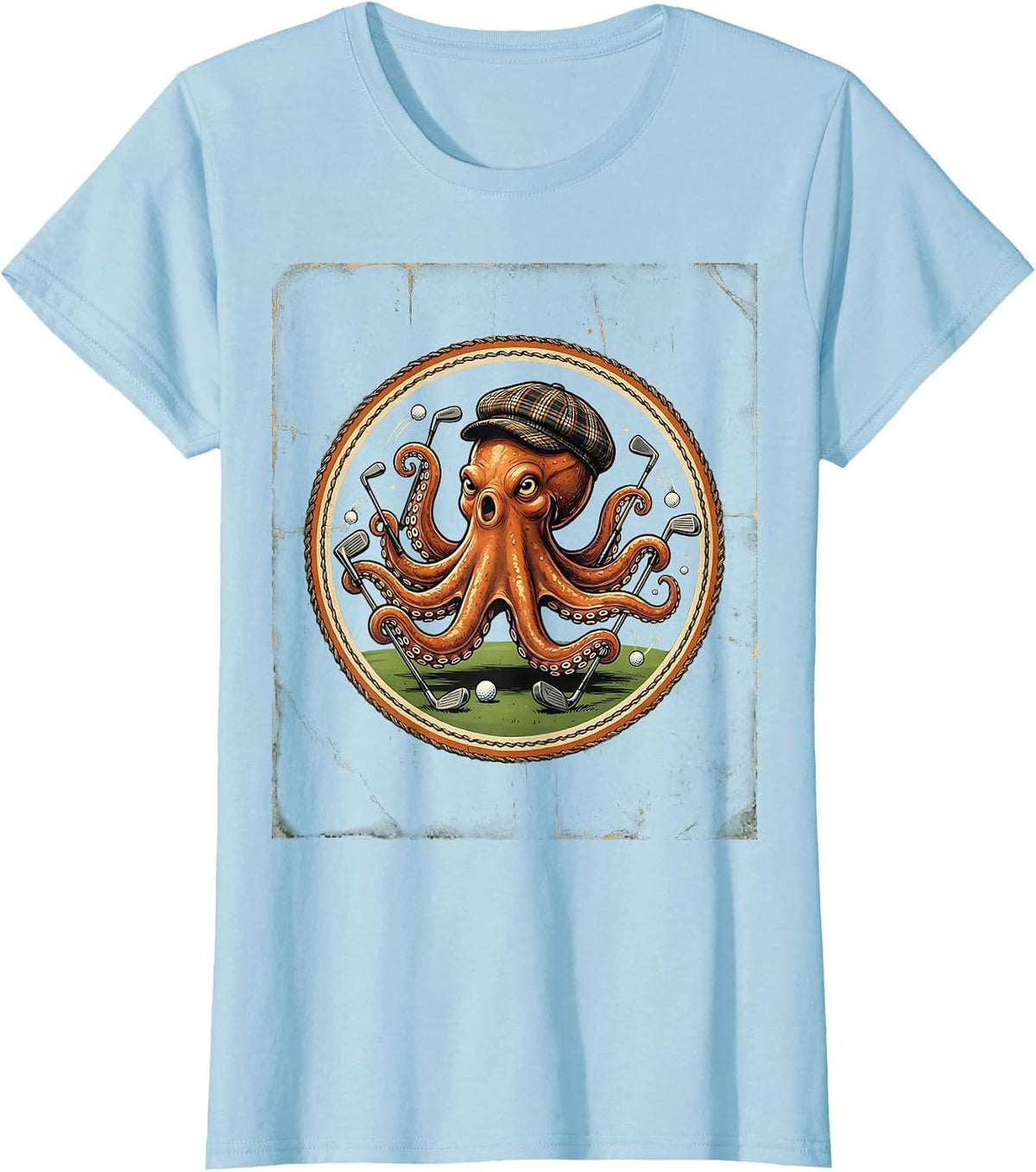 Funny Octopus Golf All 18 Holes Illustration T-Shirt - Baby Blue