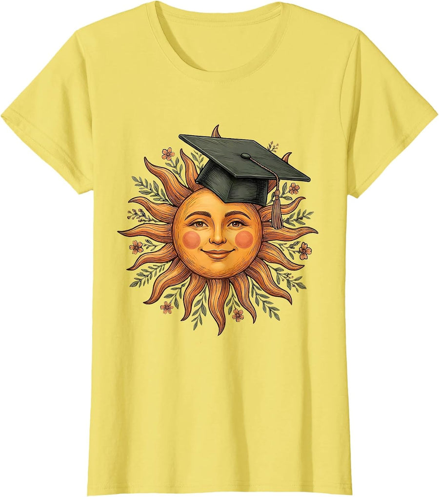 Women's Preschool Teacher Smiling Sun Graduation Cap T-Shirt - Lemon Yellow