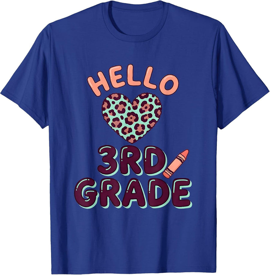 Hello 3rd Grade Cute Kawaii Leopard Heart Back To School T-Shirt - Royal Blue