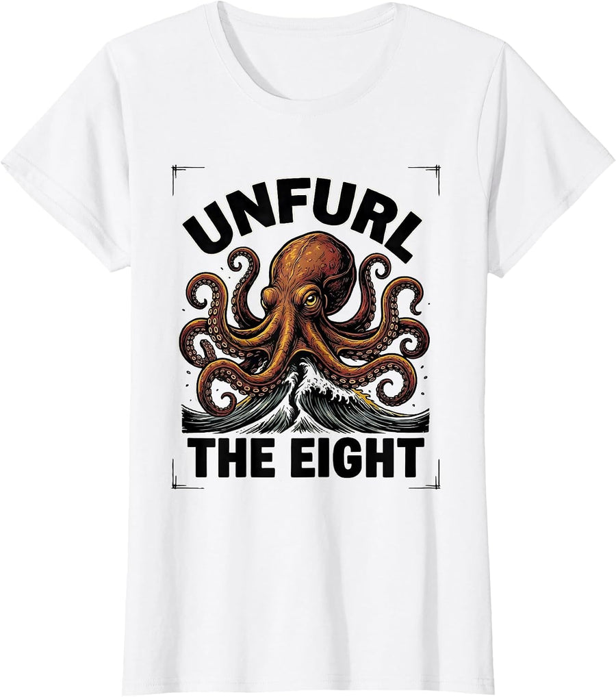 Women's Unfurl The Eight Tattoo Octopus Lover Ocean Creature Sea T-Shirt - White