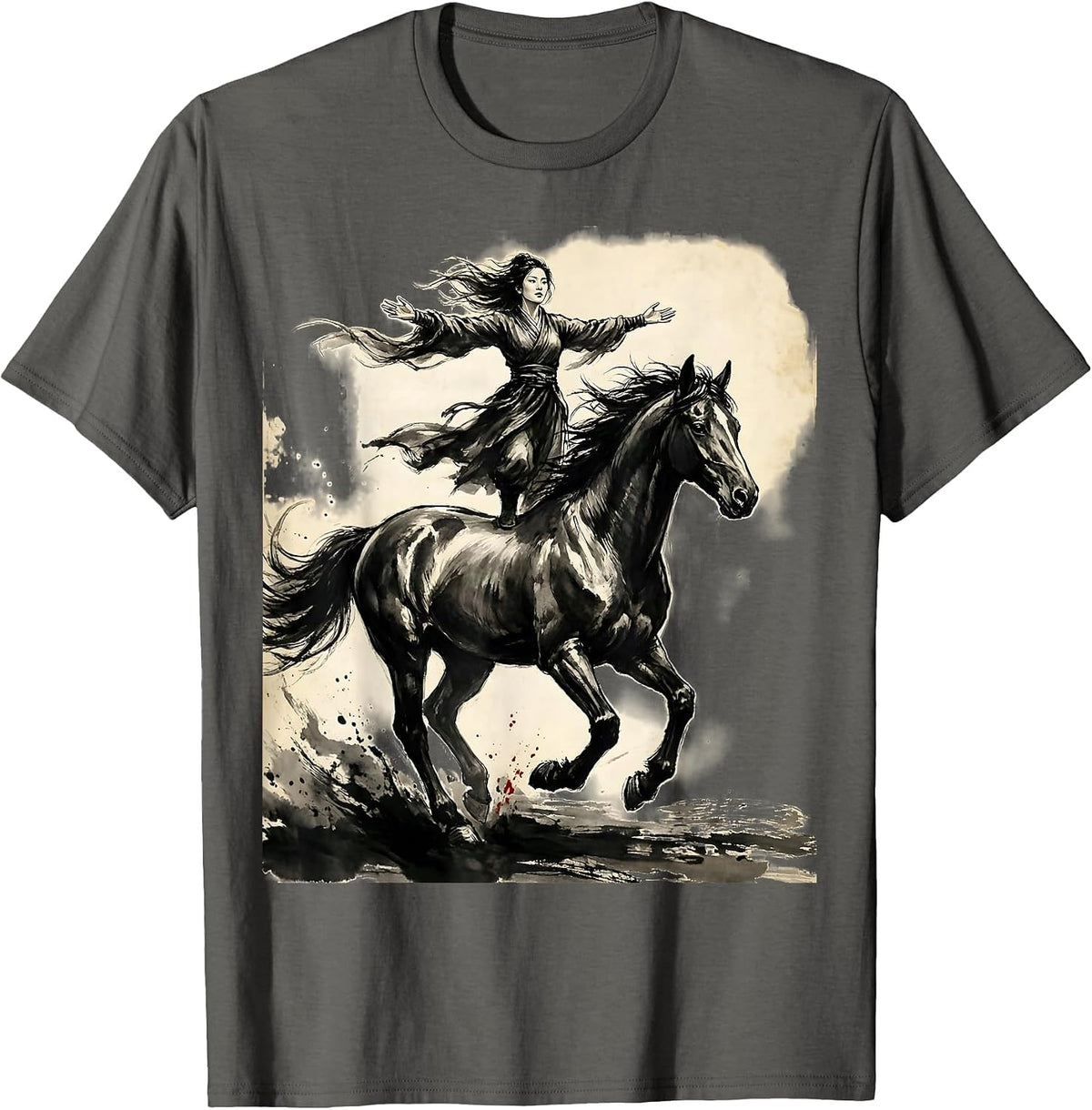 Girl Standing on Horse Back Equestrian Art T-Shirt - Asphalt Grey