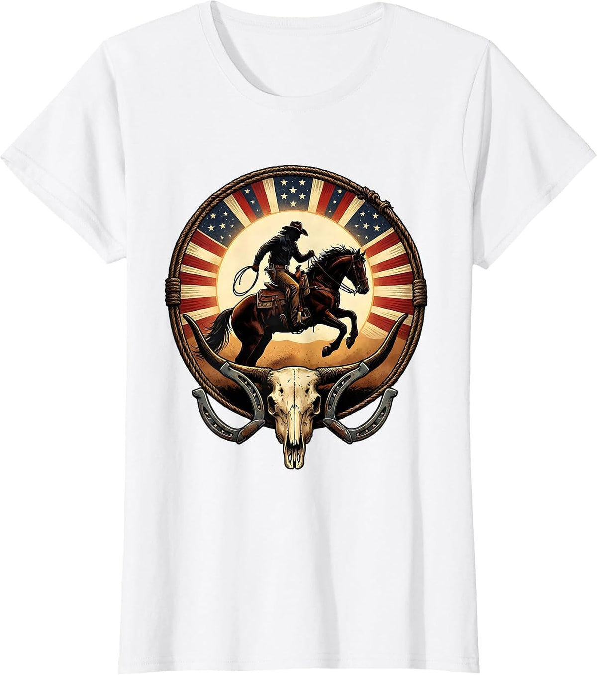 Cowboy Silhouette Desert Sun Rodeo Graphic T-Shirt - White