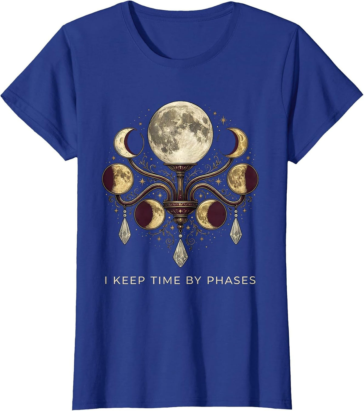 Women's I Keep Time By Phases Whimsigoth Celestial Moon Phase T-Shirt - Royal Blue