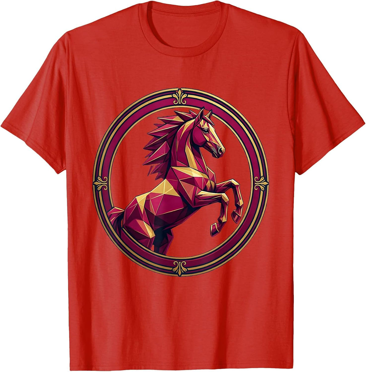 Men's Geometric Low-Poly Horse Bold Colors Design T-Shirt - Red