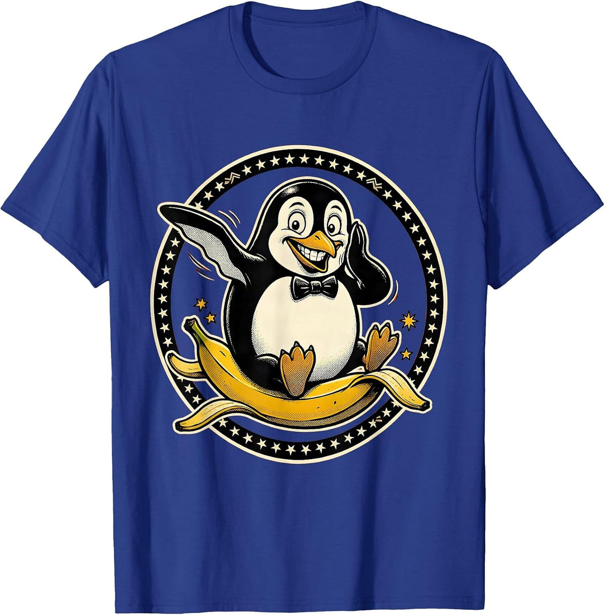 Graceful Penguin Banana Peel Slip Funny Graphic T-Shirt - Royal Blue