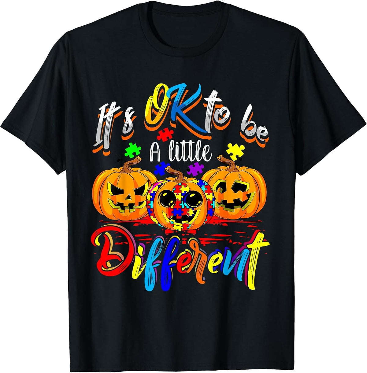 Halloween Autism Pumpkin It's OK to Be a Little Different T-Shirt - Black