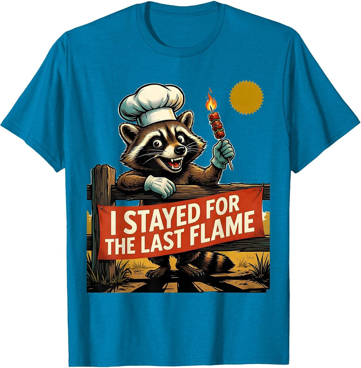 I Stayed For The Last Flame Retro Chef Raccoon BBQ Mascot T-Shirt - Sapphire Blue