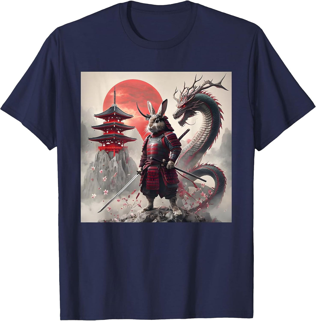 Samurai Bunny Rabbit Graphic Warrior Japanese Rabbit Ninja T-Shirt - Navy Blue