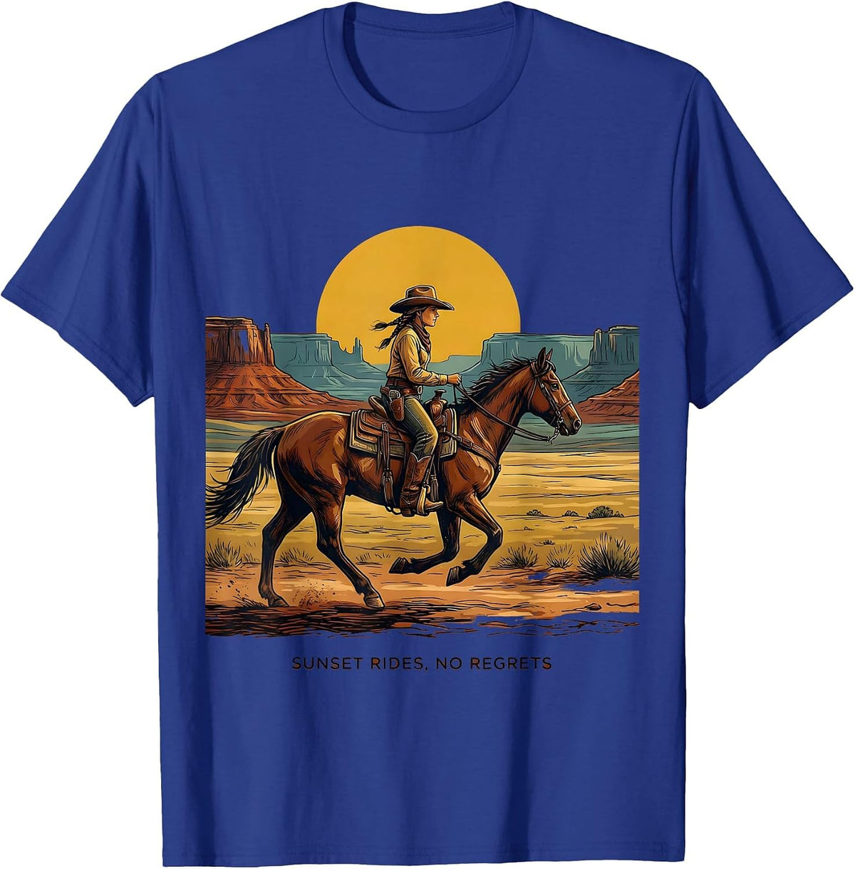 Sunset Rides No Regrets Cowgirl Design T-Shirt - Royal Blue