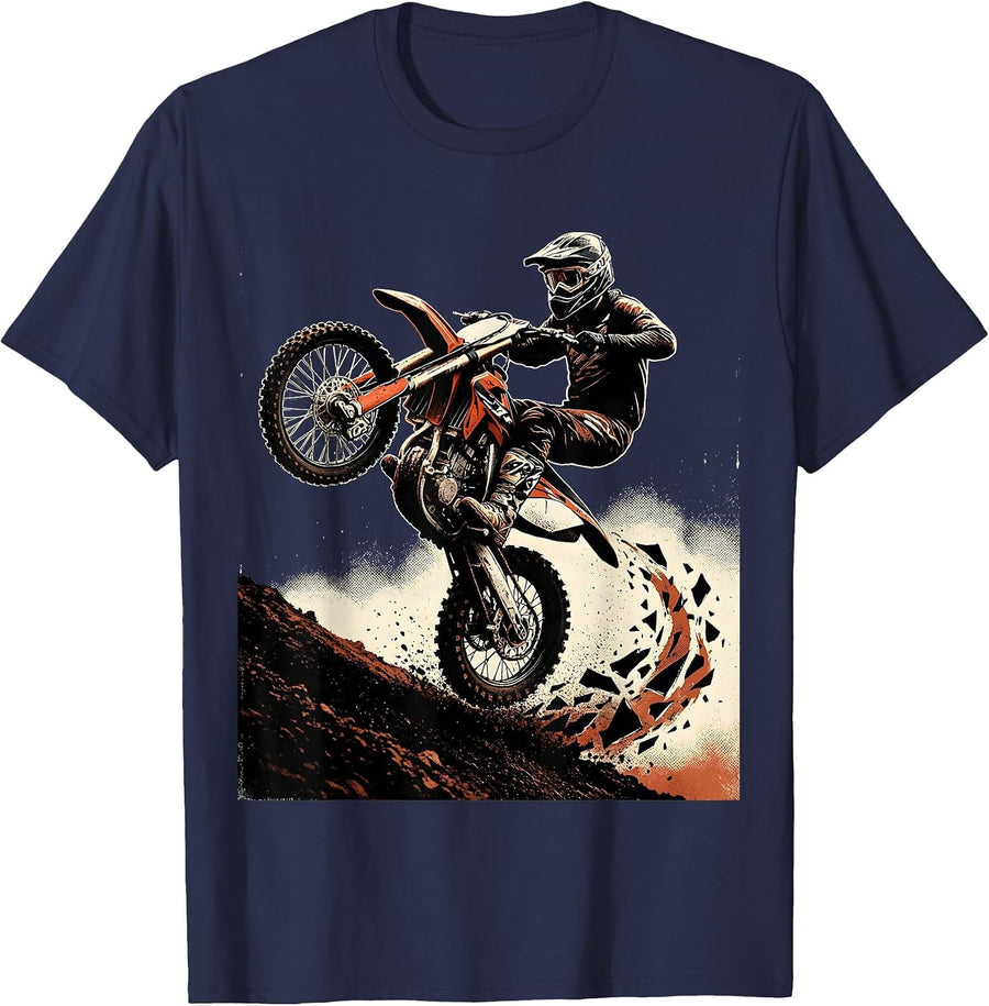 Helmeted Motocross Rider Distressed Dirt Bike Action T-Shirt - Navy Blue