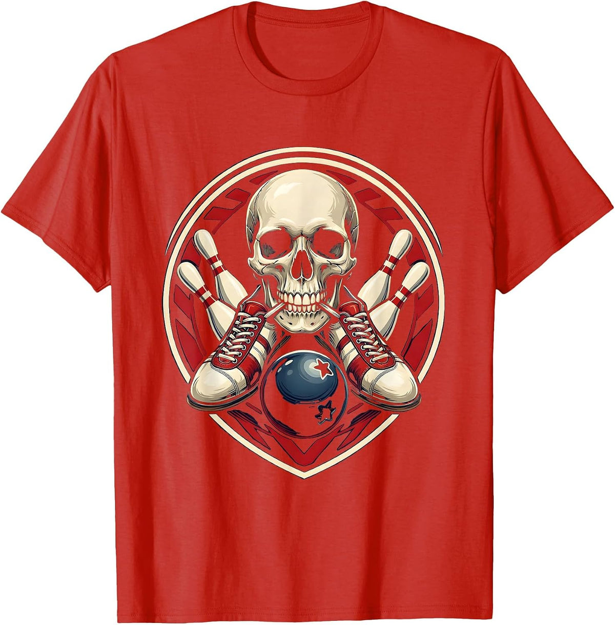 Men's Skull Bowling Shoes Graphic Tee T-Shirt - Red