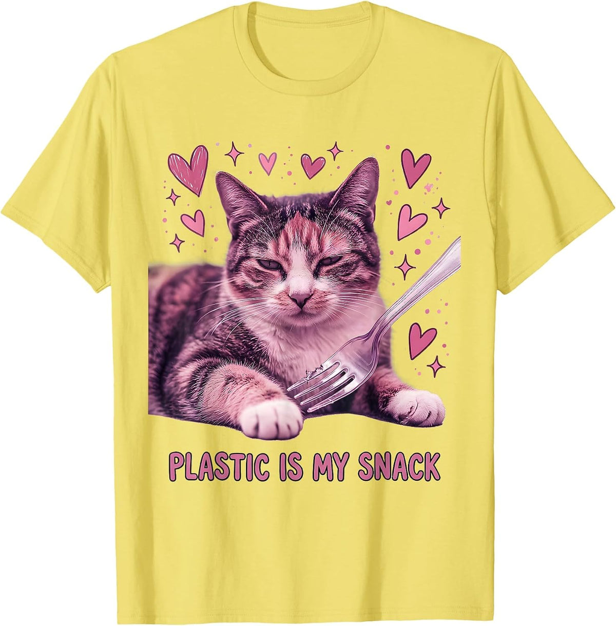 Men's Plastic Is My Snack Cute Cat Meme Absurdist Irony T-Shirt - Lemon Yellow