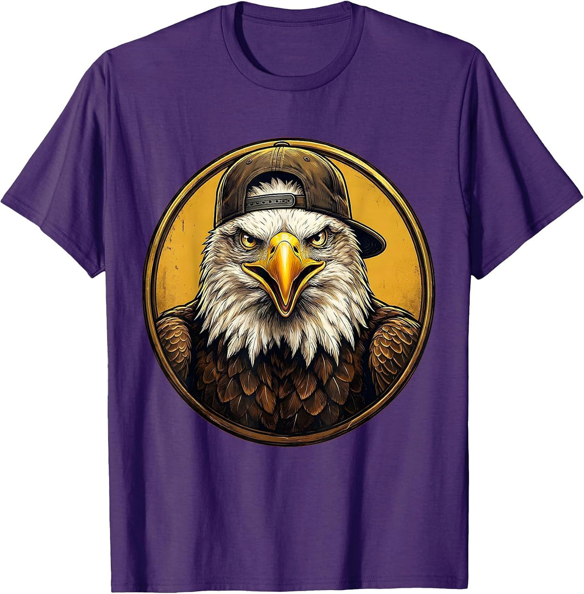 Bald Eagle Backwards Baseball Cap Funny Graphic T-Shirt - Purple