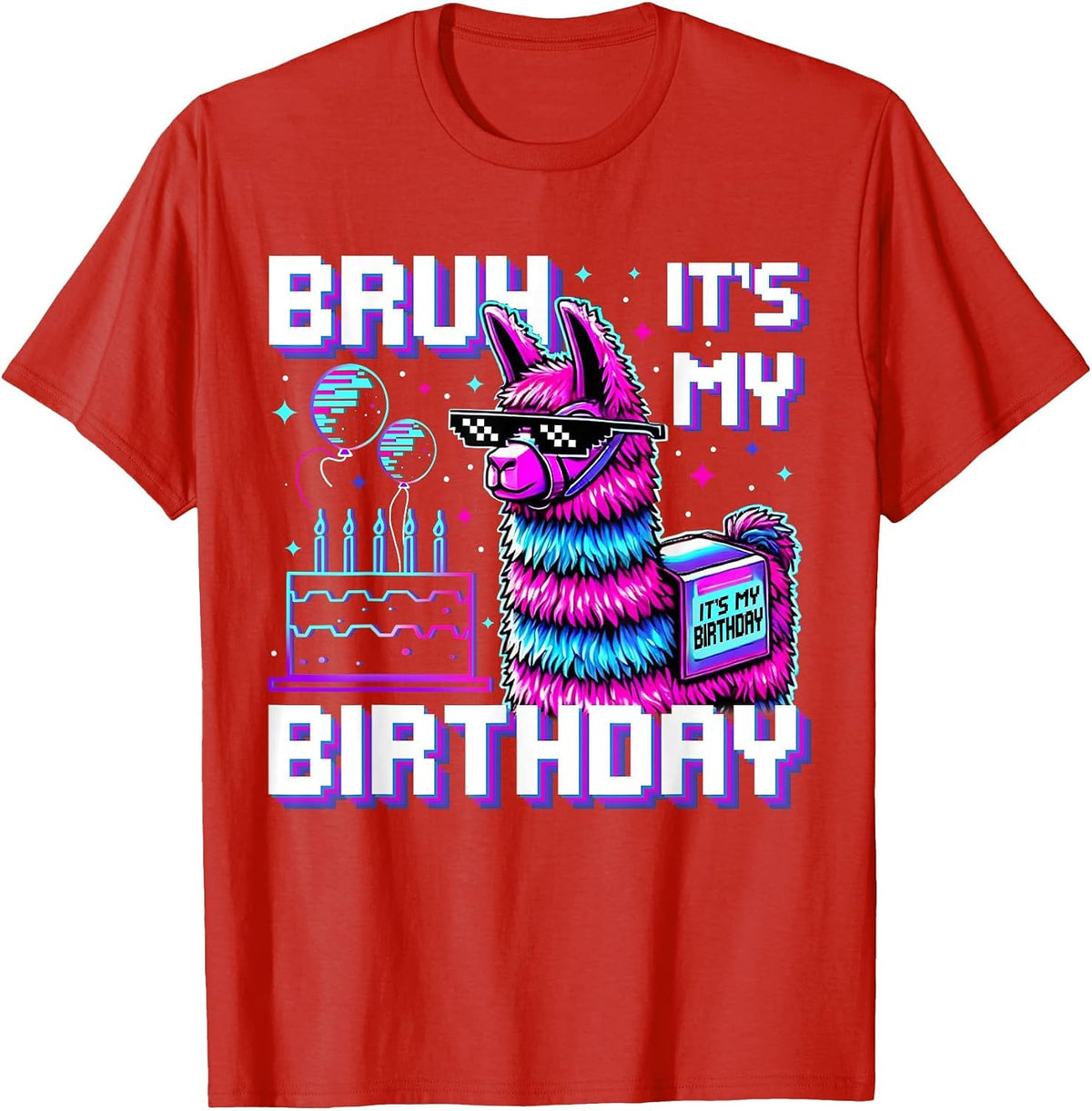 Bruh Its My Birthday Boys Girls Matching Funny Alpaca Theme T-Shirt - Red