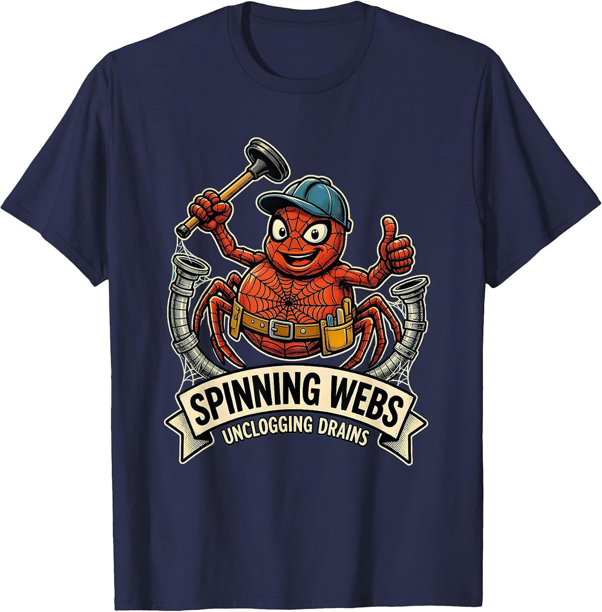 Halloween Spider Plumber Web Pipes Design T-Shirt - Navy Blue
