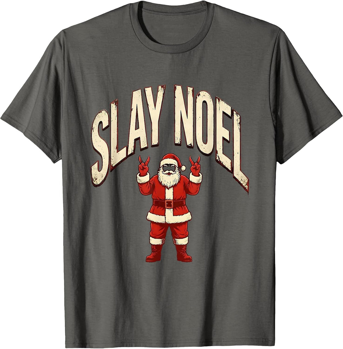 Men's Slay Noel Heavy Metal Rocker Christmas Santa Claus Funny T-Shirt - Asphalt Grey