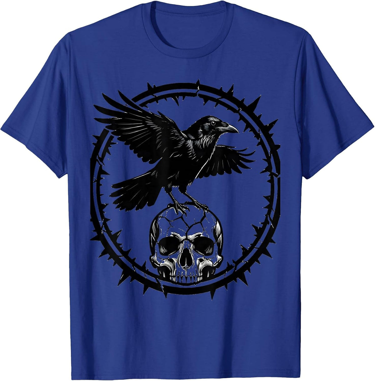 Men's Crow Perched on Skull Dark Gothic Horror Design T-Shirt - Royal Blue
