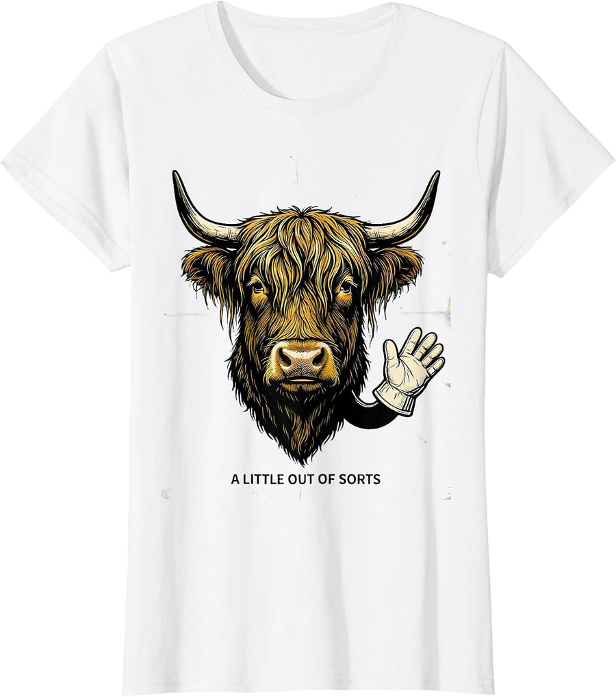 Women's A Little Out Of Sorts Retro Cartoon Highland Cow Funny T-Shirt - White