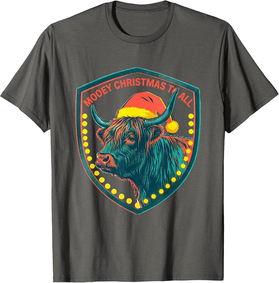 Mooey Christmas To All Risograph Highland Cow Farm Humor T-Shirt - Asphalt Grey