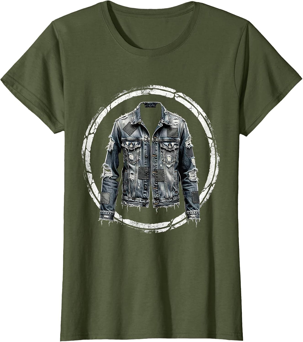 Women's Grunge Patched Denim Jacket Illustration T-Shirt - Olive Green