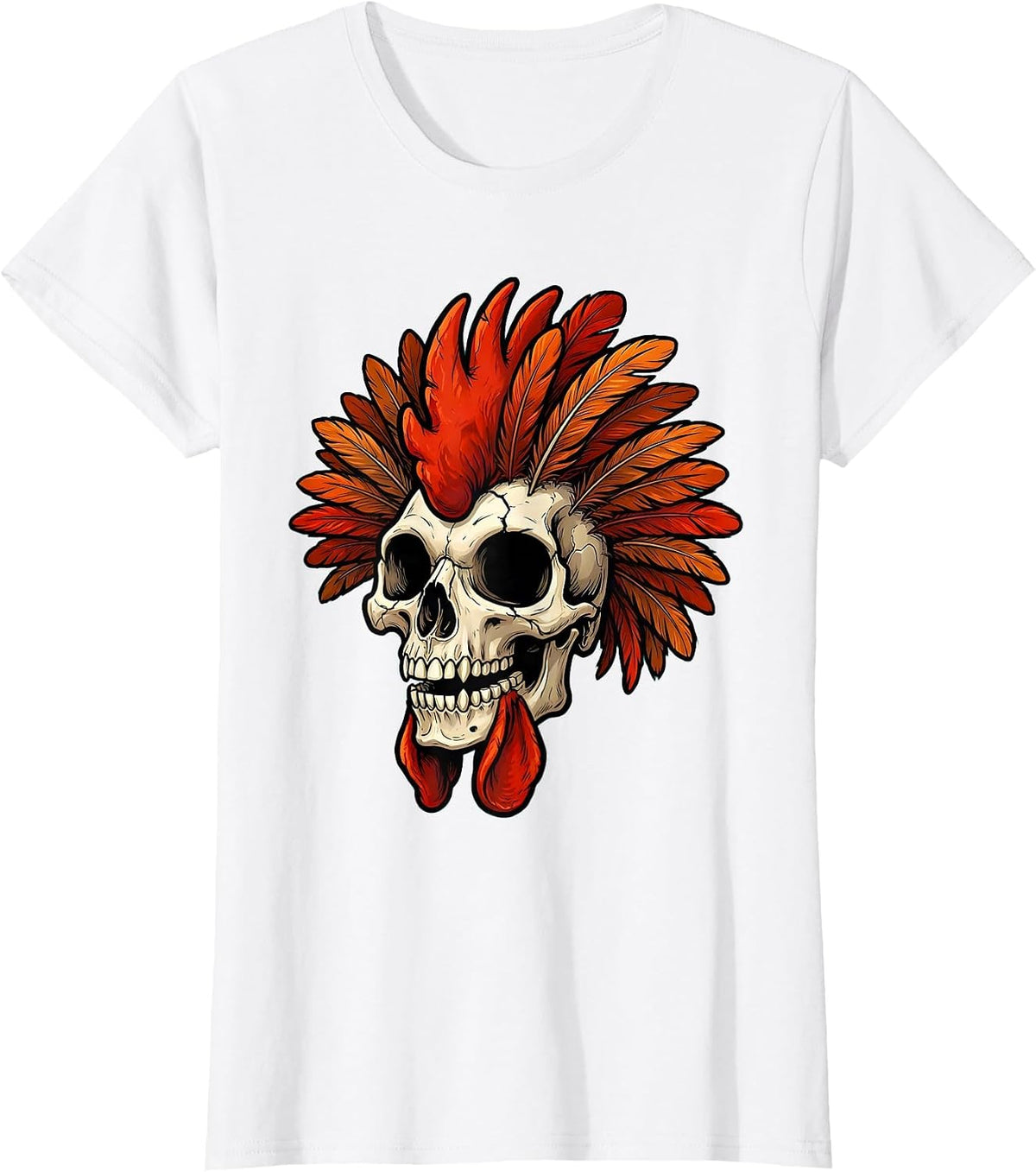 Rooster Skull Feather Mohawk Graphic Design T-Shirt - White