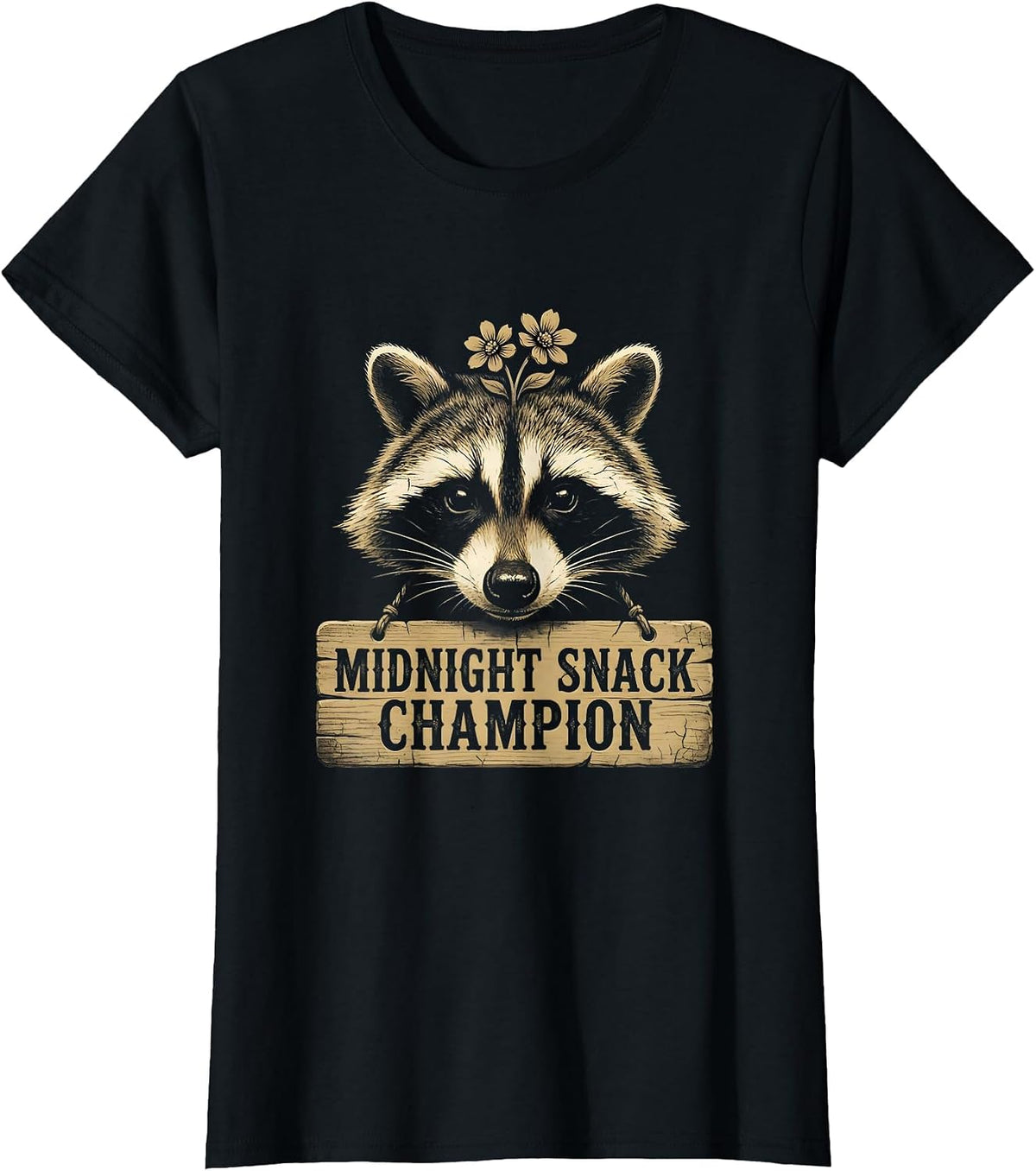 Women's Midnight Snack Champion Raccoon Design T-Shirt - Black