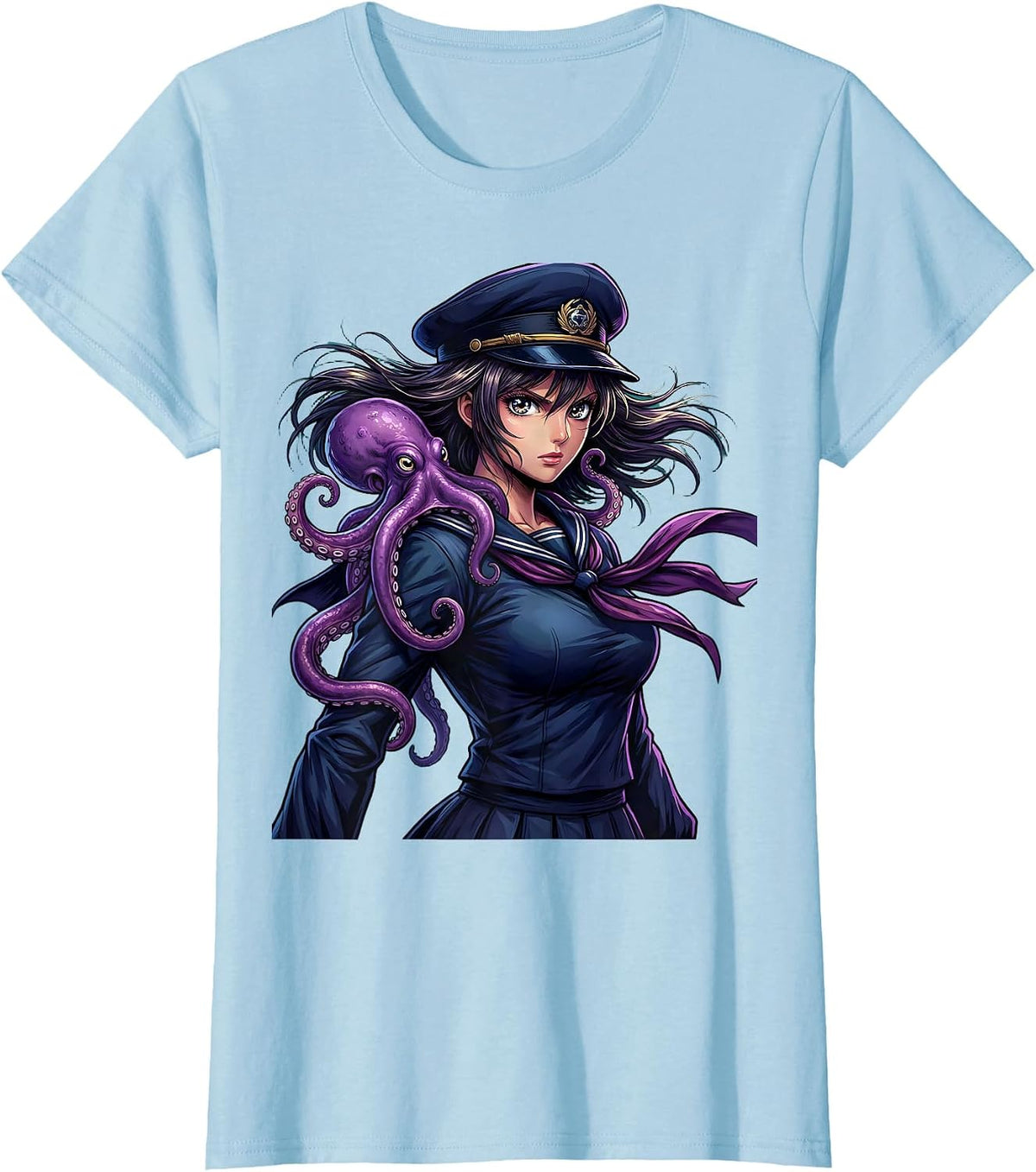 Women's Sailor Woman With Octopus Companion Illustration T-Shirt - Baby Blue