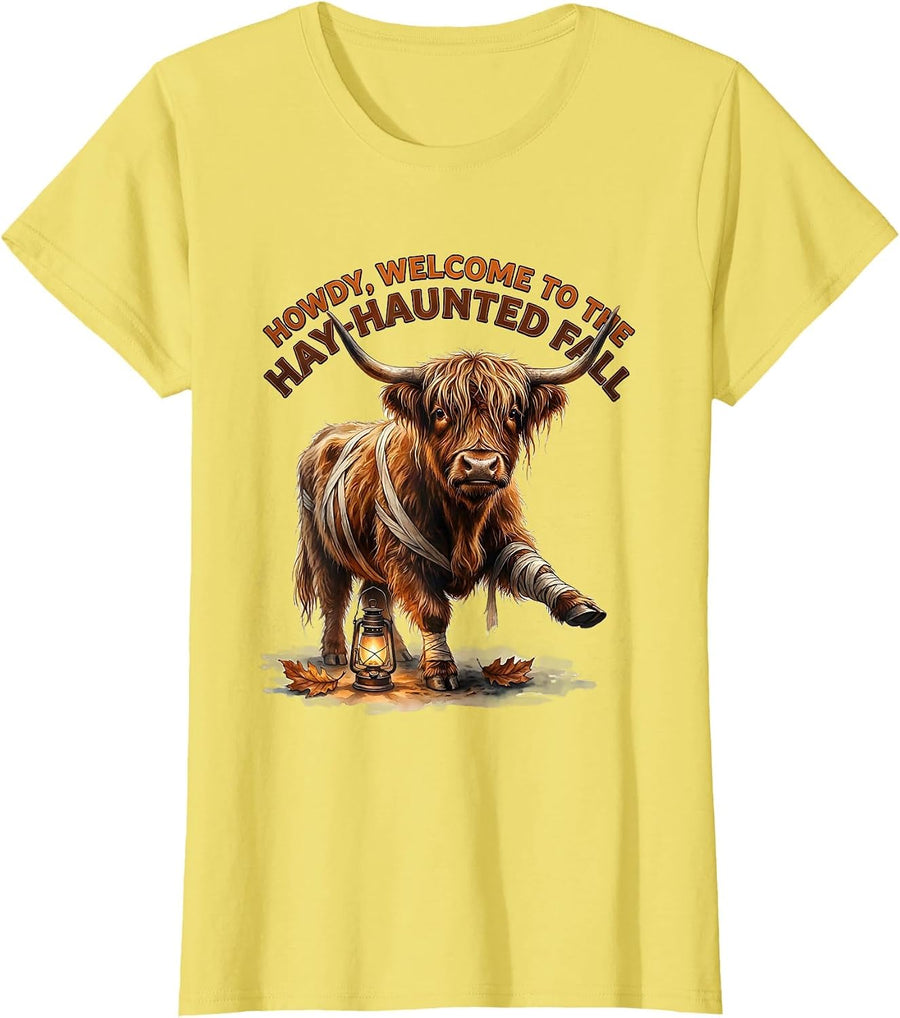 Howdy, Welcome To The Hay-Haunted Fall Cute Highland Cow T-Shirt - Lemon Yellow