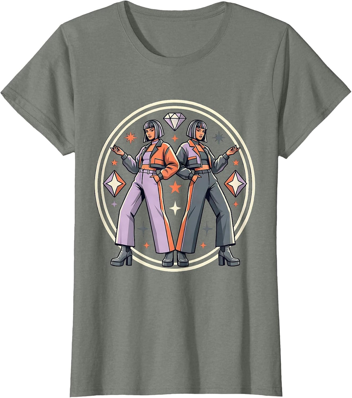 Women's K-Pop Duo Crop Jacket Matching Fits Graphic T-Shirt - Olive Heather