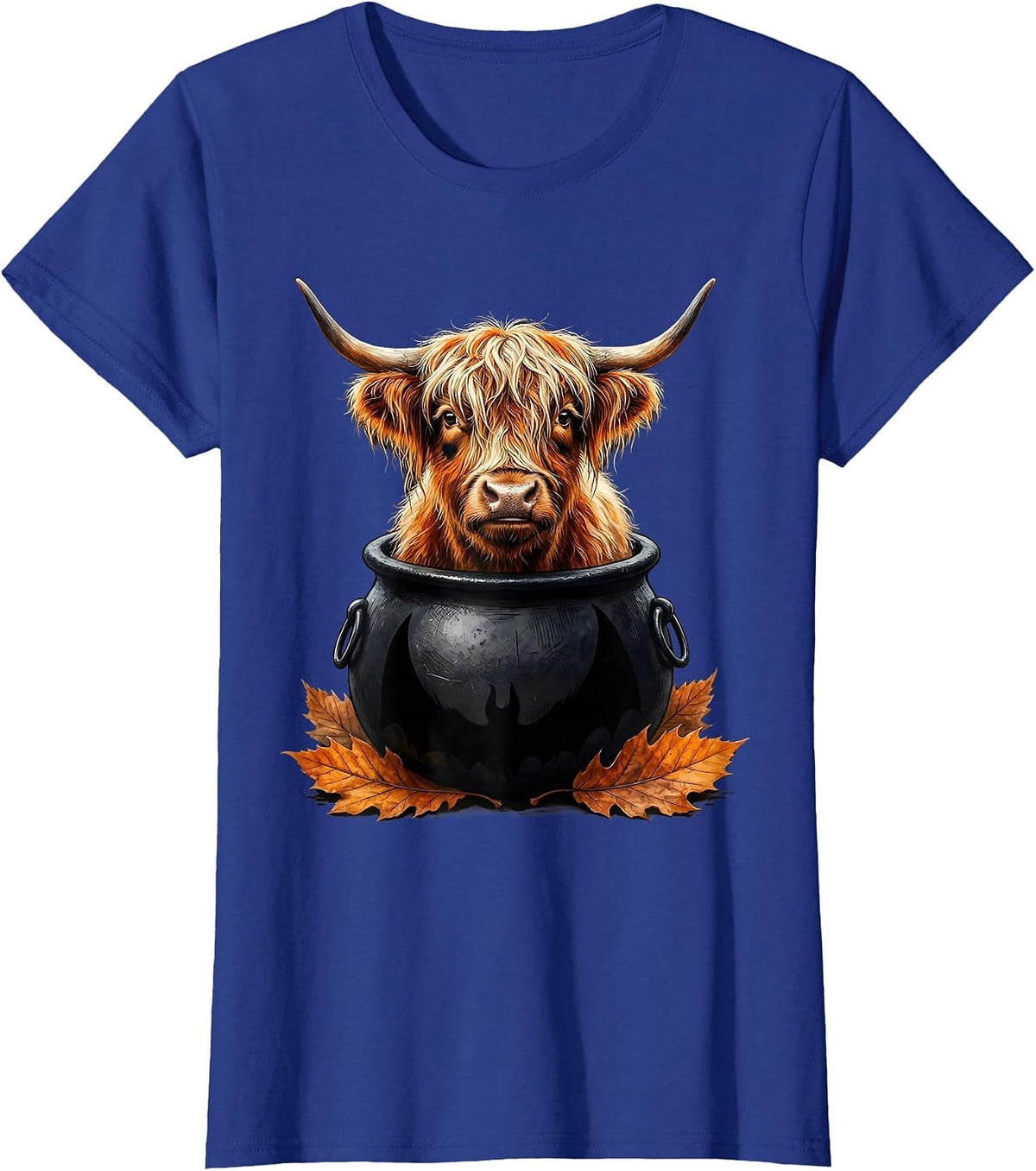 Women's Shaggy Highland Cow Witch Cauldron Halloween Costume Humor T-Shirt - Royal Blue