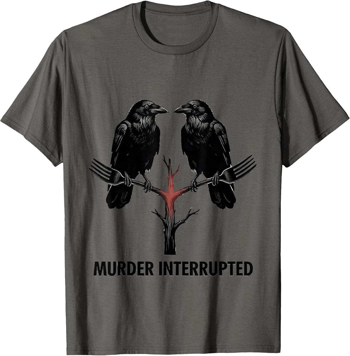 Murder Interrupted Stencil Graphic Crow Lover Dark Humor T-Shirt - Asphalt Grey