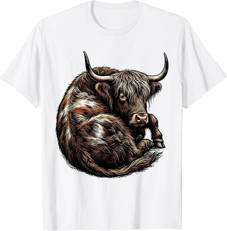 Men's Highland Cow Woodcut Engraving Farm Animal Humor T-Shirt - White