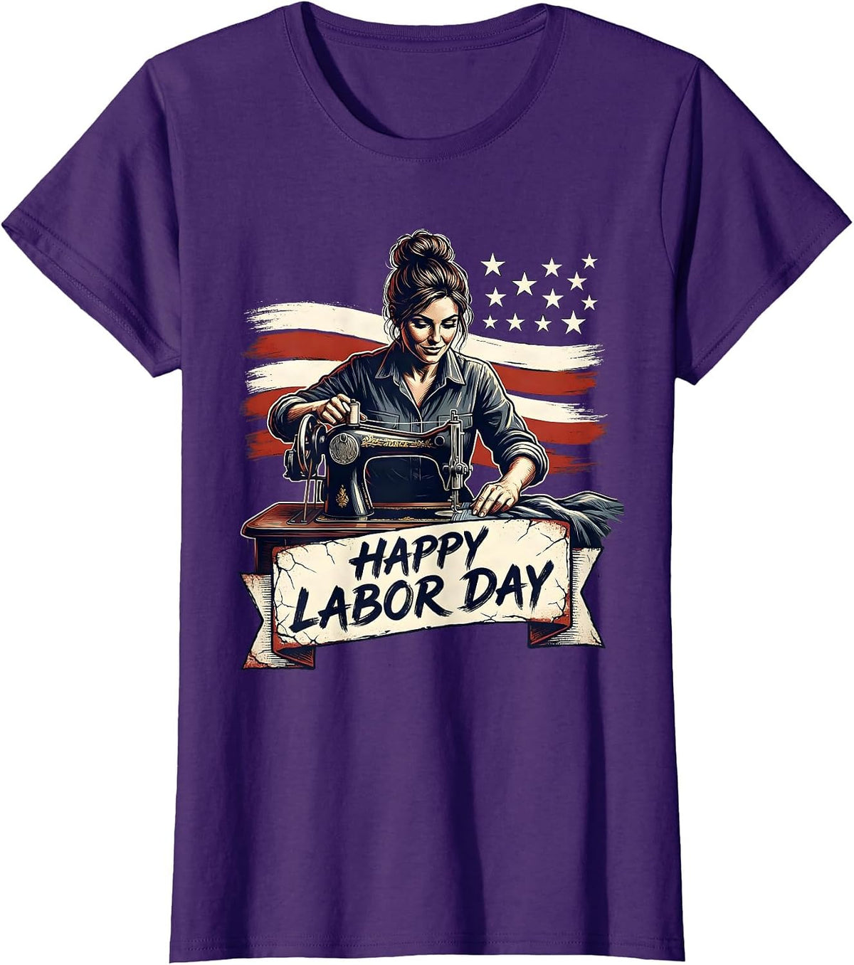 Women's Happy Labor Day Distressed Patriotic Woman Messy Bun Labor T-Shirt - Purple