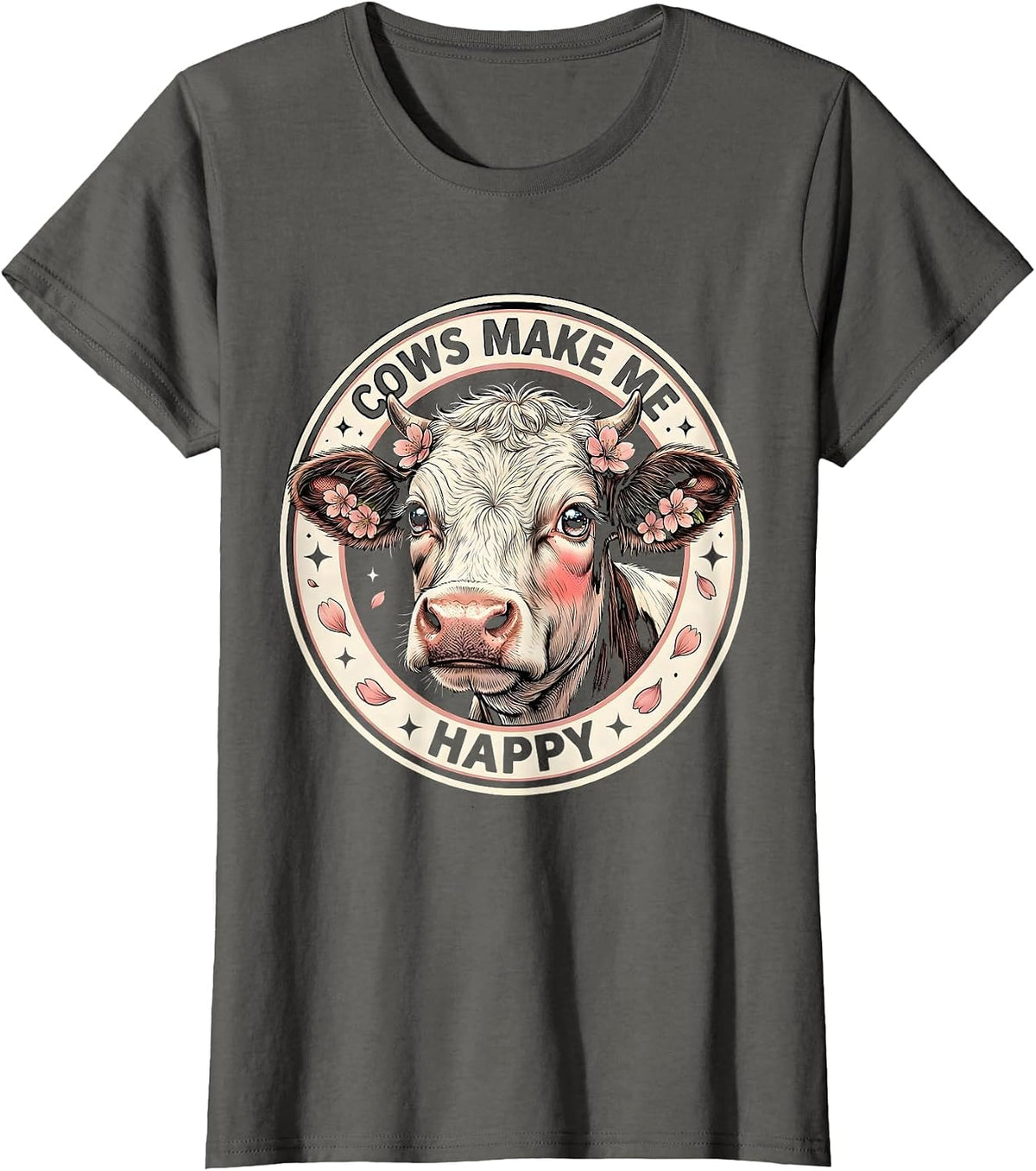Women's Cows Make Me Happy Funny Cow Lover Design T-Shirt - Asphalt Grey