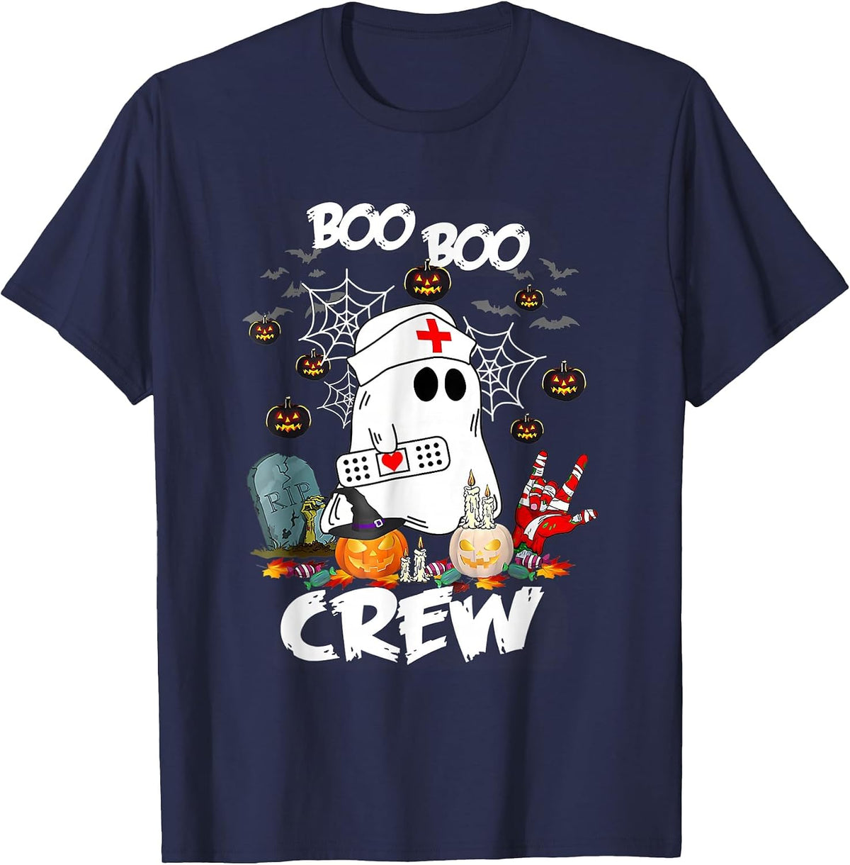 Boo Boo Crew Ghost Nurse Retro Halloween Nursing T-Shirt - Navy Blue