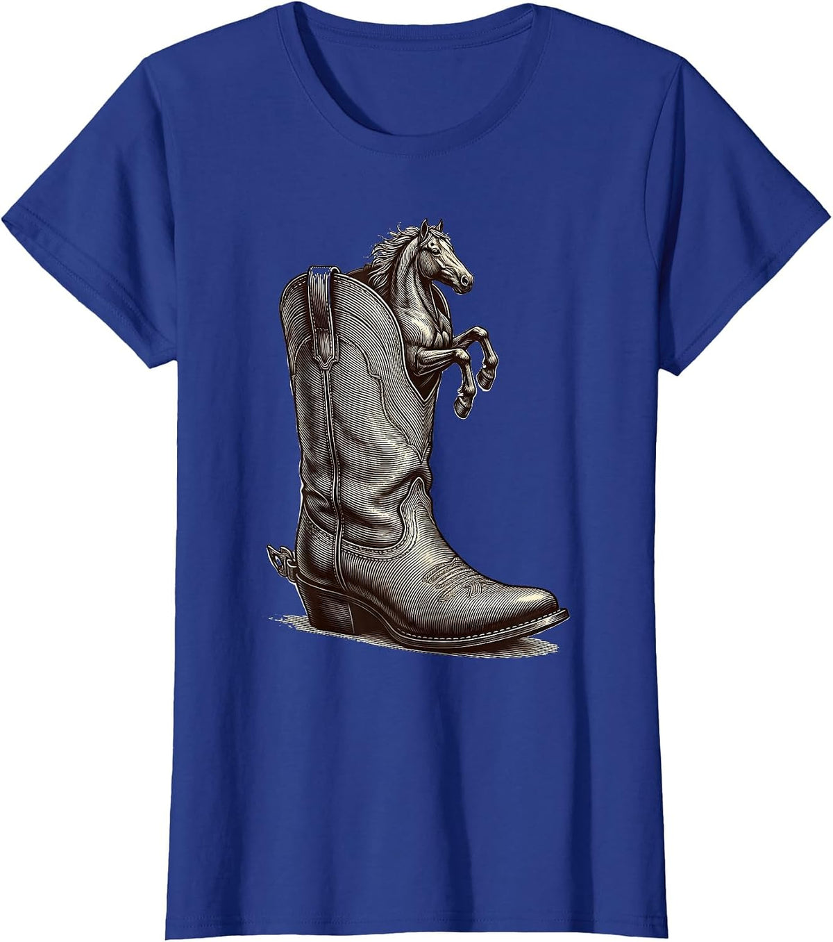 Women's Cowboy Boot Tiny Horse Illustration T-Shirt - Royal Blue