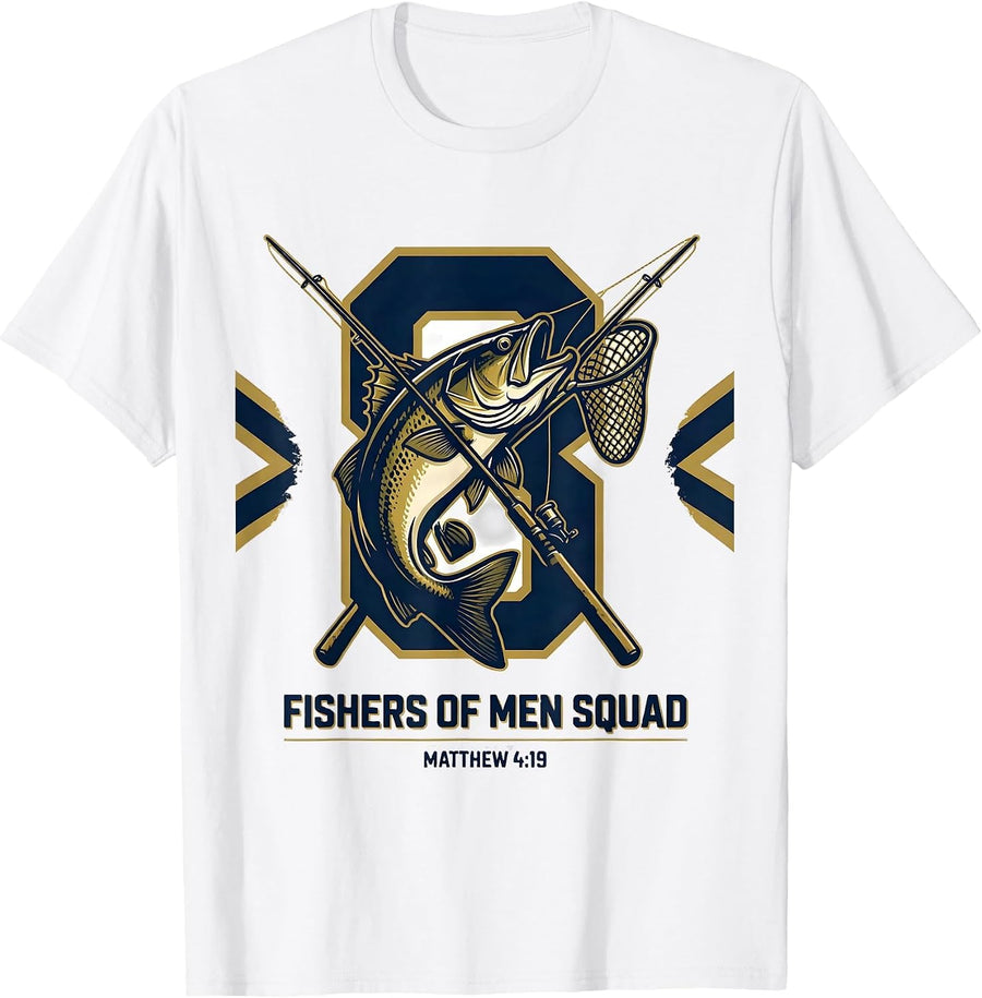 Men's Fishers Of Men Squad Matthew 4:19 Christian Fishing Faith T-Shirt - White
