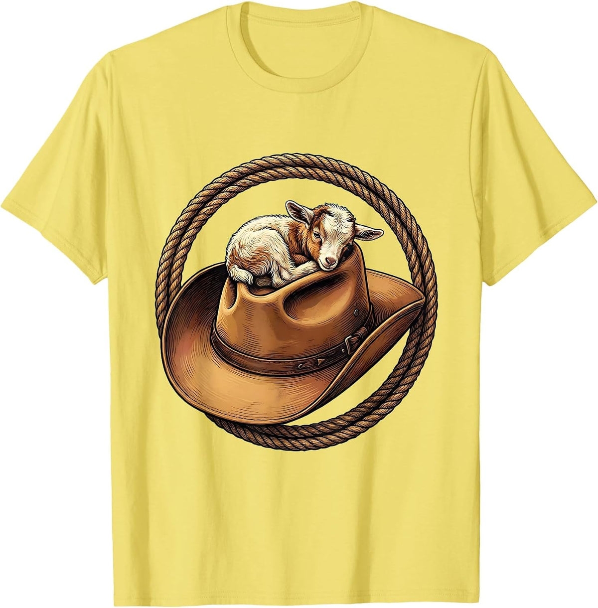 Men's Baby Goat Curled in Cowboy Hat Illustration T-Shirt - Lemon Yellow
