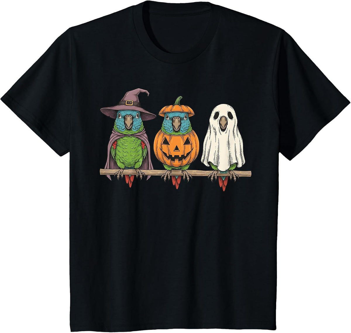 Spooky Ghost Blue Crowned Conure Parrot Pumpkin Halloween T-Shirt - Black