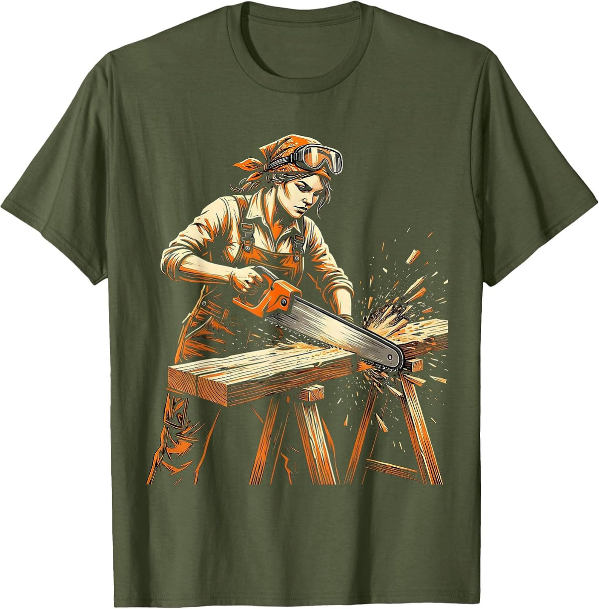 Labor Day Woman Carpenter Sawing Wood Illustration T-Shirt - Olive Green