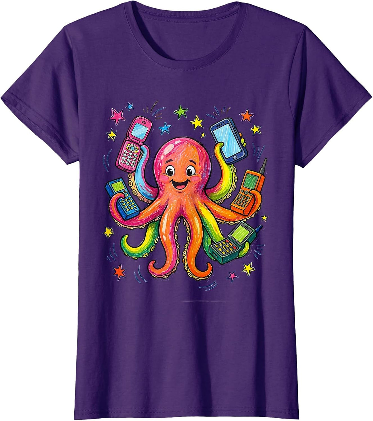 Women's Octopus Multitasking With Eight Phones Funny Art T-Shirt - Purple