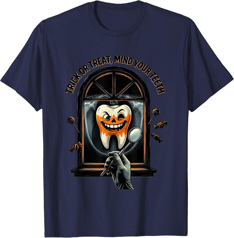 Trick Or Treat Mind Your Teeth Funny Dentist Halloween T-Shirt - Navy Blue