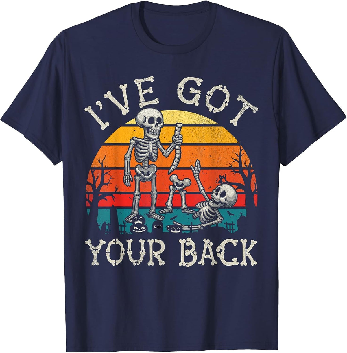 Retro I've Got Your Back Funny Halloween Skeleton Costume T-Shirt - Navy Blue