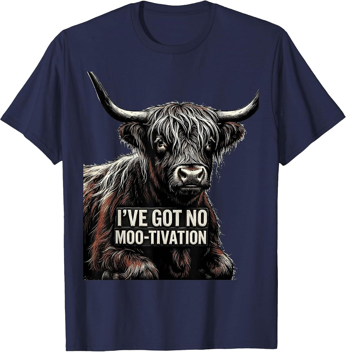Men's I've Got No Moo-tivation Funny Highland Cow Farm Humor T-Shirt - Navy Blue