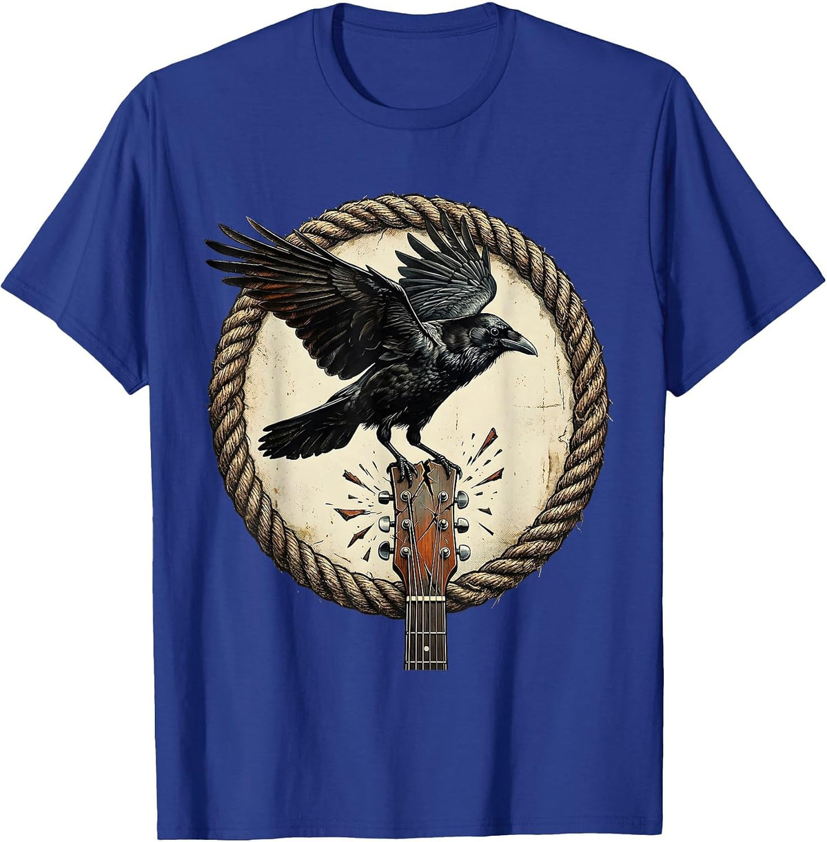 Crow on Broken Guitar Neck Rock Art Design T-Shirt - Royal Blue