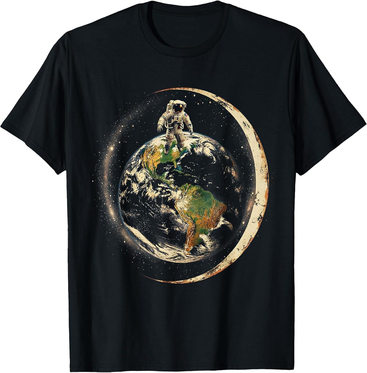 Men's Astronaut Floating Above Glowing Earth Graphic T-Shirt - Black