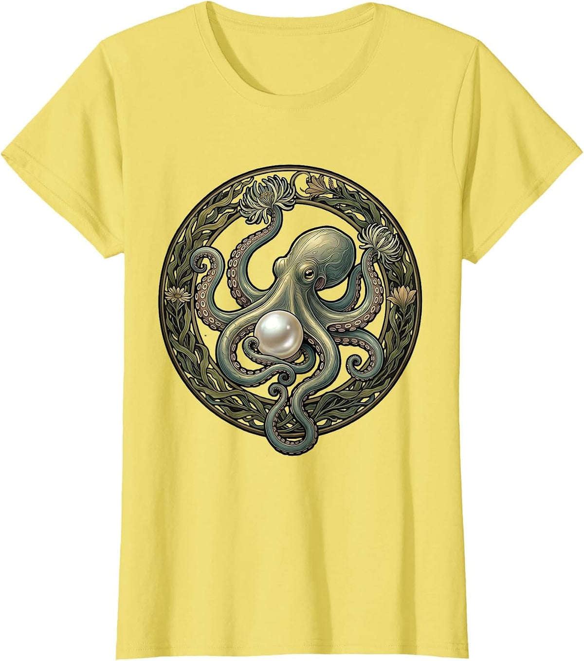 Women's Octopus and Pearl Lustrous Ocean Illustration T-Shirt - Lemon Yellow