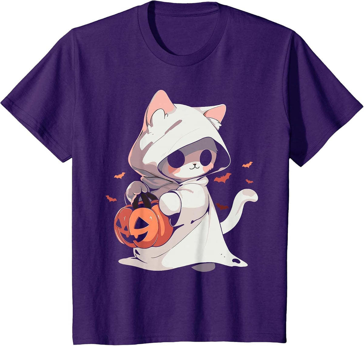 Cat Ghost Kawaii Neko Anime Halloween Costume Pumpkin Lover T-Shirt - Purple