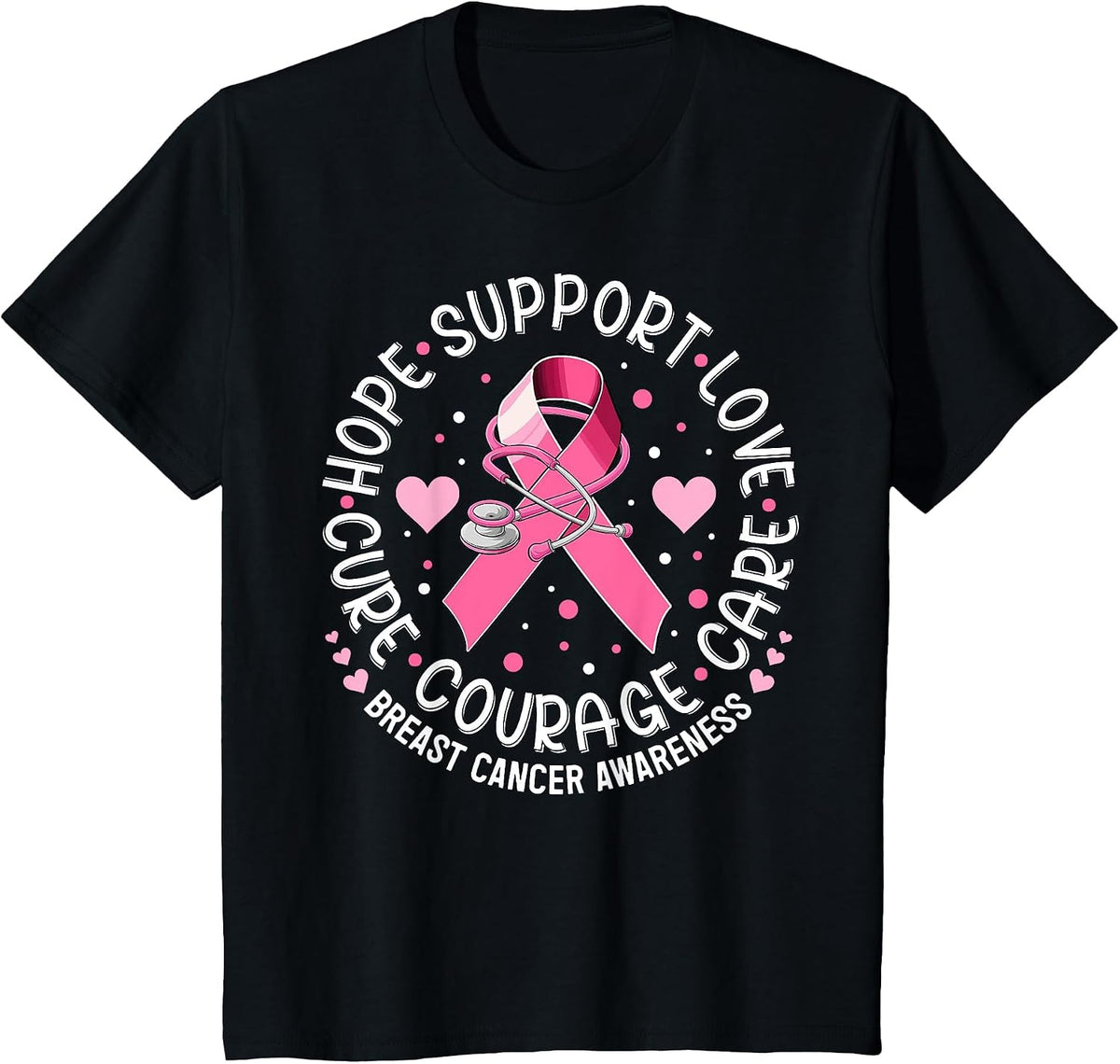 Breast Cancer Awareness Pink Ribbon Nurse Scrub Top Support T-Shirt - Black